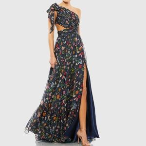 Ieena for Mac Duggal Navy Floral One-Shoulder Dress